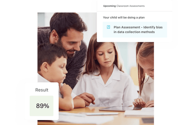 A teacher helping a group of students while they play Prodigy at school, with an overlay of Prodigy's Classroom Learning feature.