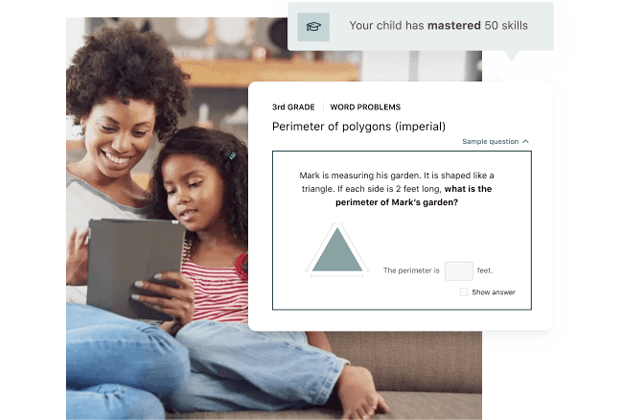 Mother and daughter viewing Prodigy on their tablet, with an overlay of Prodigy's Practice Areas feature.