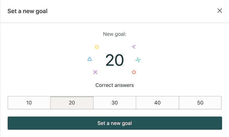 Image of "Set a new goal" screen in a Prodigy parent account.