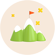 A circle image of mountains and a red flag at the peak.