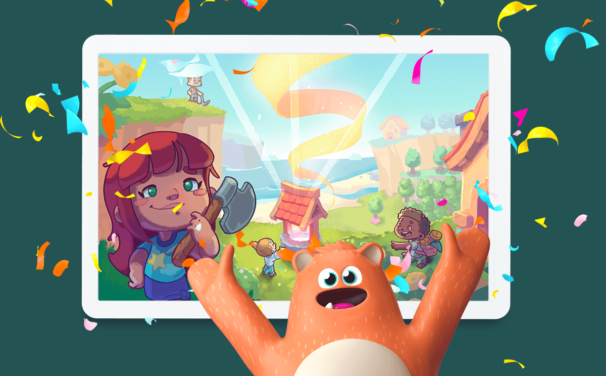 A sneak peek at the Prodigy English game on a tablet with Prodigy mascot, Ed, cheering in front of it.
