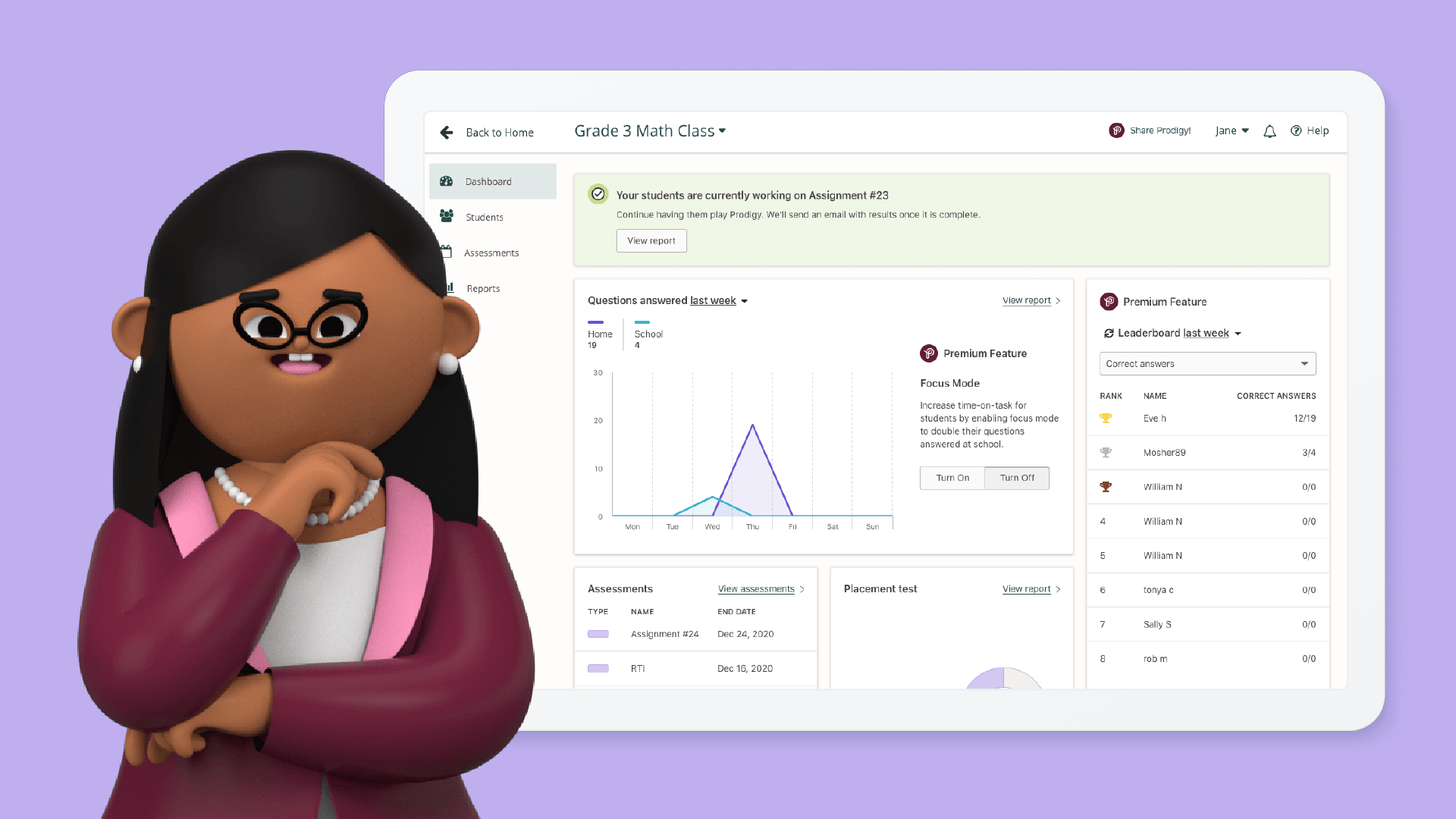 Animated teacher standing in front of a tablet with a screenshot of Prodigy's teacher dashboard on it.