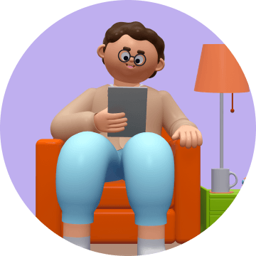 3D illustration of a parent on the couch, looking at Prodigy data on his tablet.