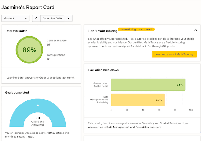 Example of a child's report card in Prodigy's parent dashboard