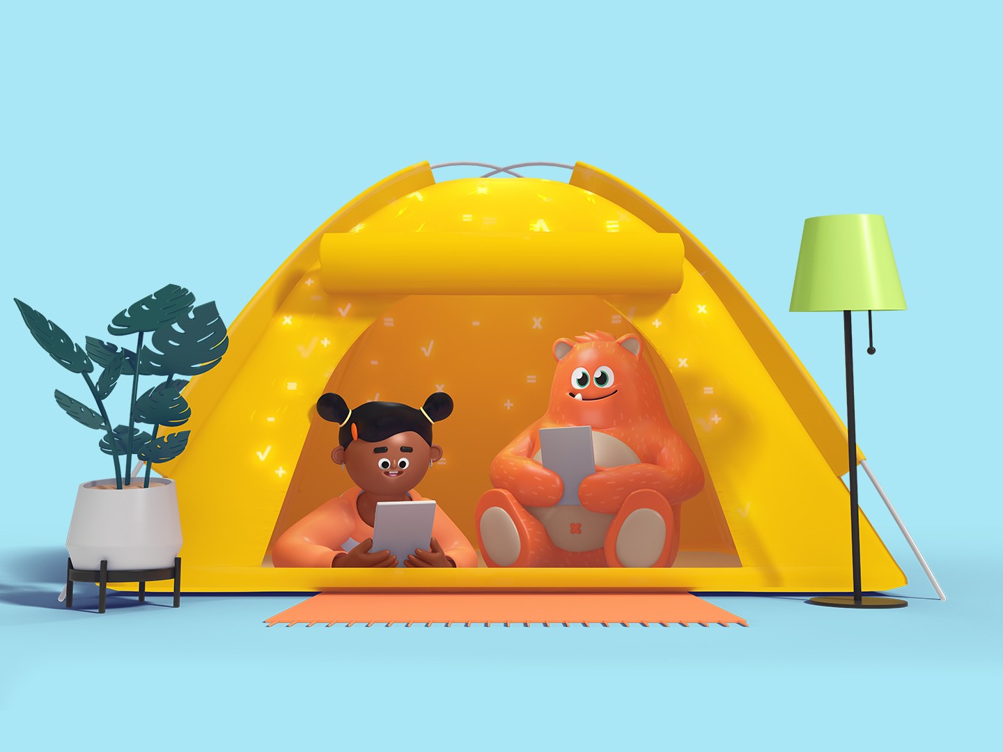 Illustration of Prodigy's mascot, Ed and a child sitting in a tent together and holding tablet devices.