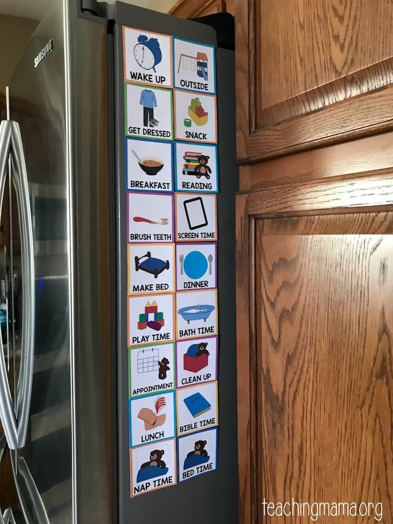 Example of a visual schedule displayed on a fridge to help kindergarteners understand time and schedules.