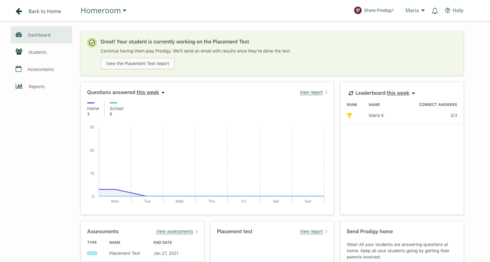 Prodigy's teacher dashboard.