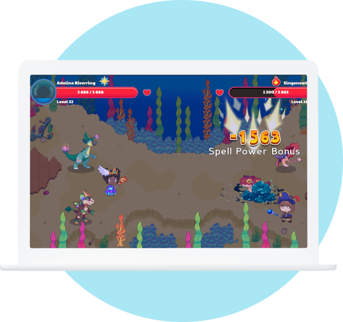 A tablet showing an example of Prodigy Math's battle gameplay.