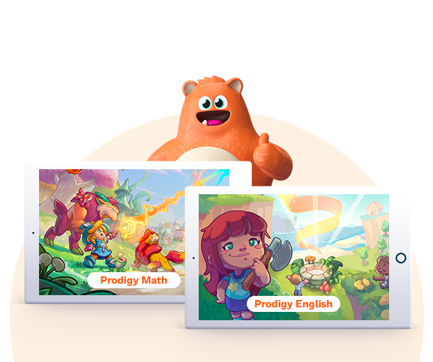 Ed giving thumbs up behind devices showing both Prodigy Math and Prodigy English