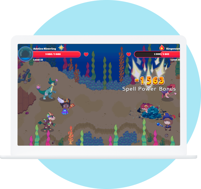 A tablet displaying the an in-game battle scene from Prodigy Math Game.