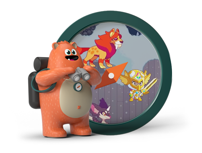 Ed wearing binoculars and a backpack, standing beside a compass containing Prodigy characters.