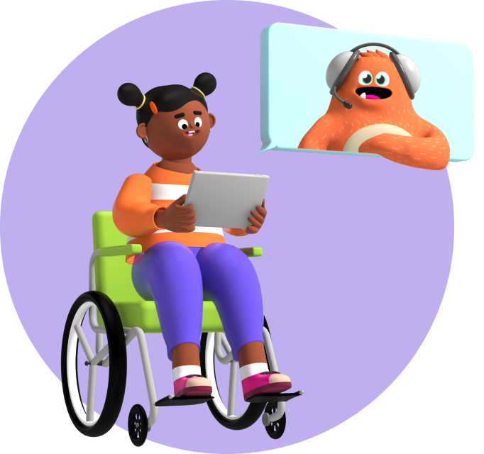 A young girl in a wheelchair using a tablet to communicate with an online tutor characterized by Prodigy Education's mascot, Ed.