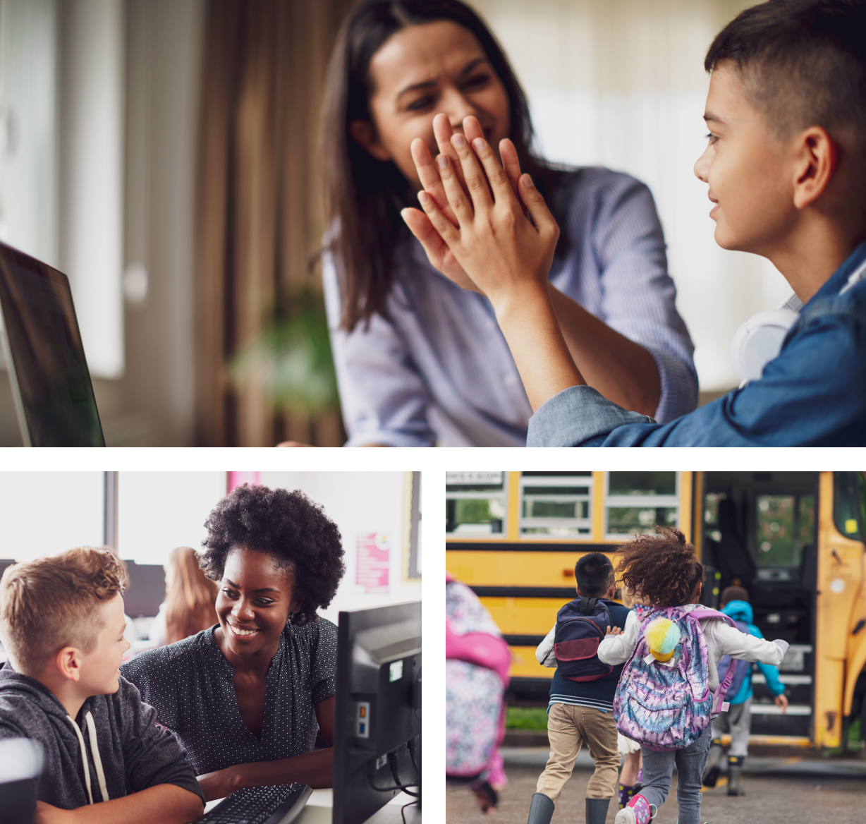 A group of three photographs: one shows a mother and her son high-fiving in front of a laptop, another shows a student and his teacher smiling at each other in front of a school computer, and the last one shows a group of children running excitedly toward a school bus.