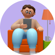 3D illustration of a parent on the couch, looking at Prodigy data on his tablet.