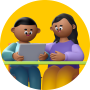 3D illustration of a teacher helping a student use Prodigy on a tablet at his desk