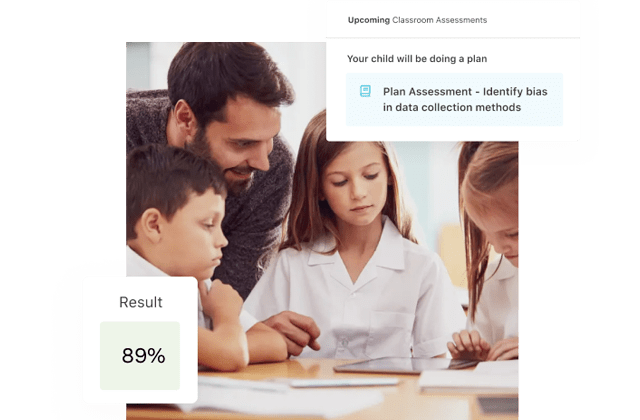 A teacher helping a group of students while they play Prodigy at school, with an overlay of Prodigy's Classroom Learning feature.