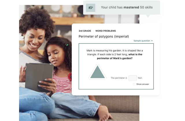 Mother and daughter viewing Prodigy on their tablet, with an overlay of Prodigy's Practice Areas feature.