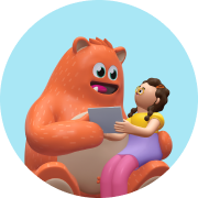 3D illustration of Prodigy mascot, Ed, helping a student use Prodigy on her tablet
