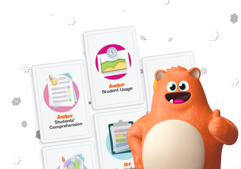 Prodigy mascot, Ed, gives thumbs up in front of examples of teacher dashboard benefits.
