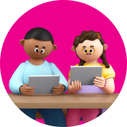 3D illustration of two students sitting at a desk, playing Prodigy on their tablets.