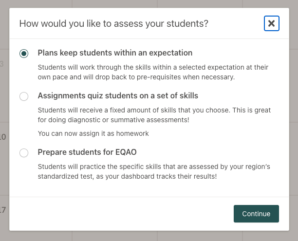 Screenshot of assessment pop up in Prodigy's teacher dashboard.