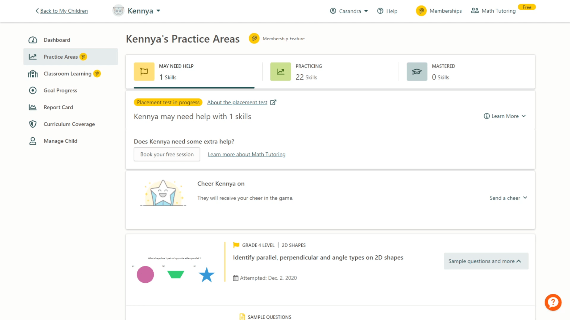 Image of a Prodigy parent dashboard, showing the Practice Areas Premium feature