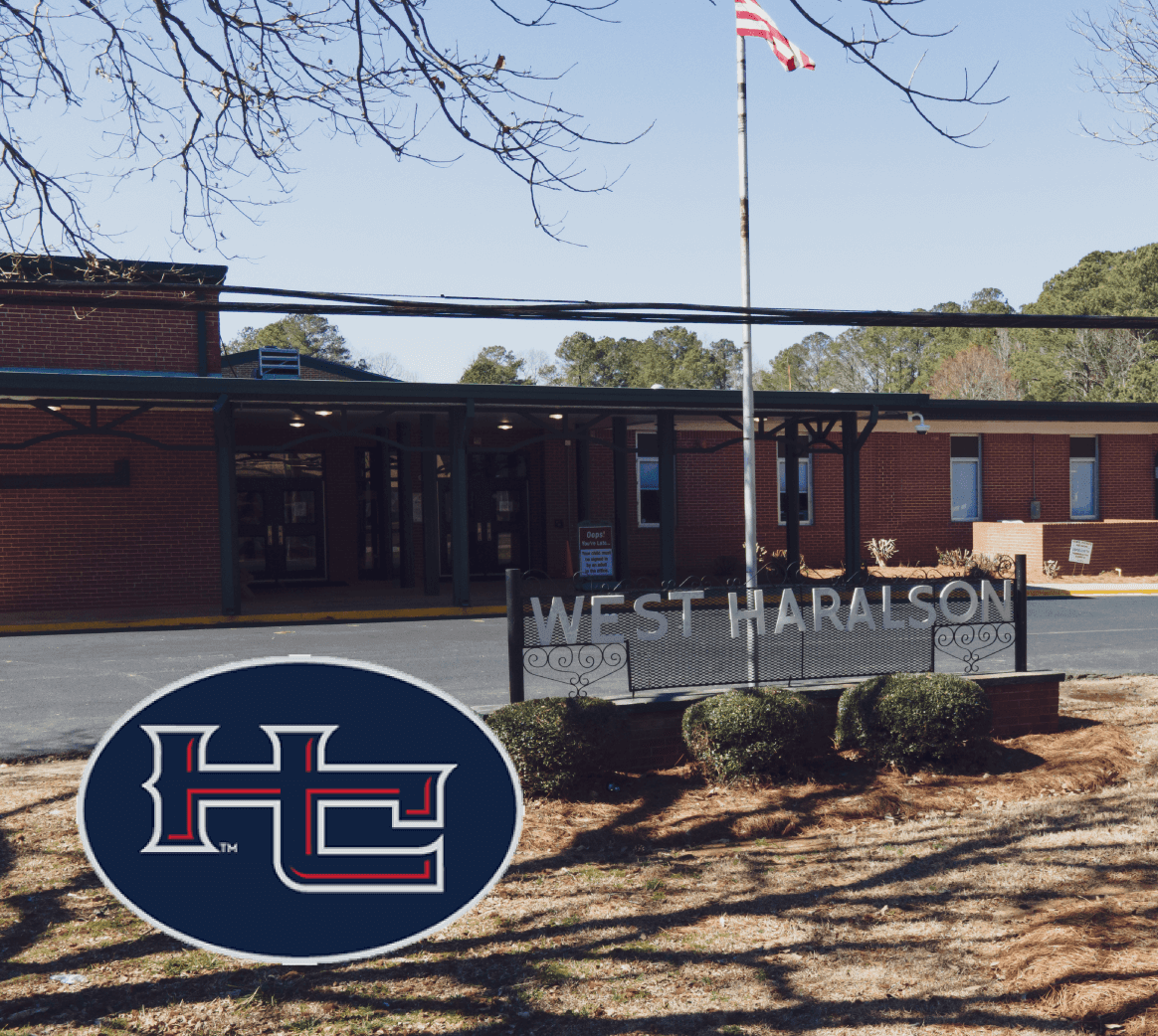 A picture of the outside of West Haralson Elementary School in Haralson County, Georgia with the school logo.