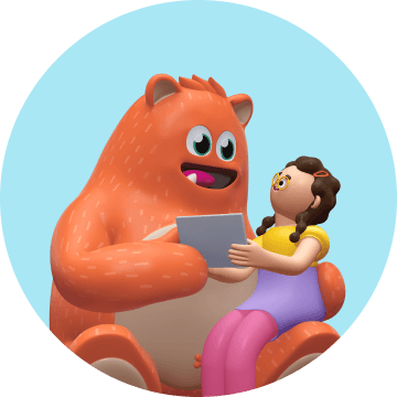3D illustration of Prodigy mascot, Ed, helping a student use Prodigy on her tablet