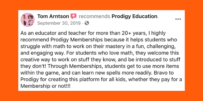 Testimonial from a math educator recommending Prodigy for struggling students.