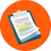 Clipboard icon with orange circle.