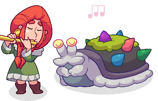 Prodigy character, Ulla, playing a song on her flute, accompanied by her snail sidekick, Mr. Speedy..