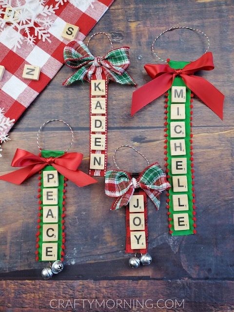 Red and green homemade Scrabble tile keychains