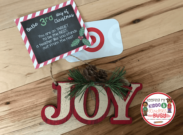 "Joy" ornament with gift tag and Target gift card attached.