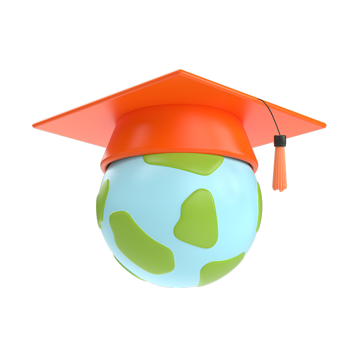 World globe with a graduation cap inside a white circle