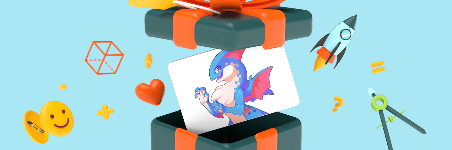 3D animated gift box with a gift card coming out of it. The gift card has a picture of Tidus, one of the Prodigy Epics, on it. 