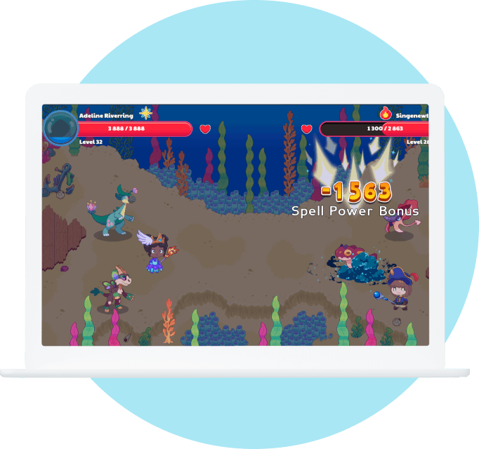 A tablet showing an example of Prodigy Math's battle gameplay.