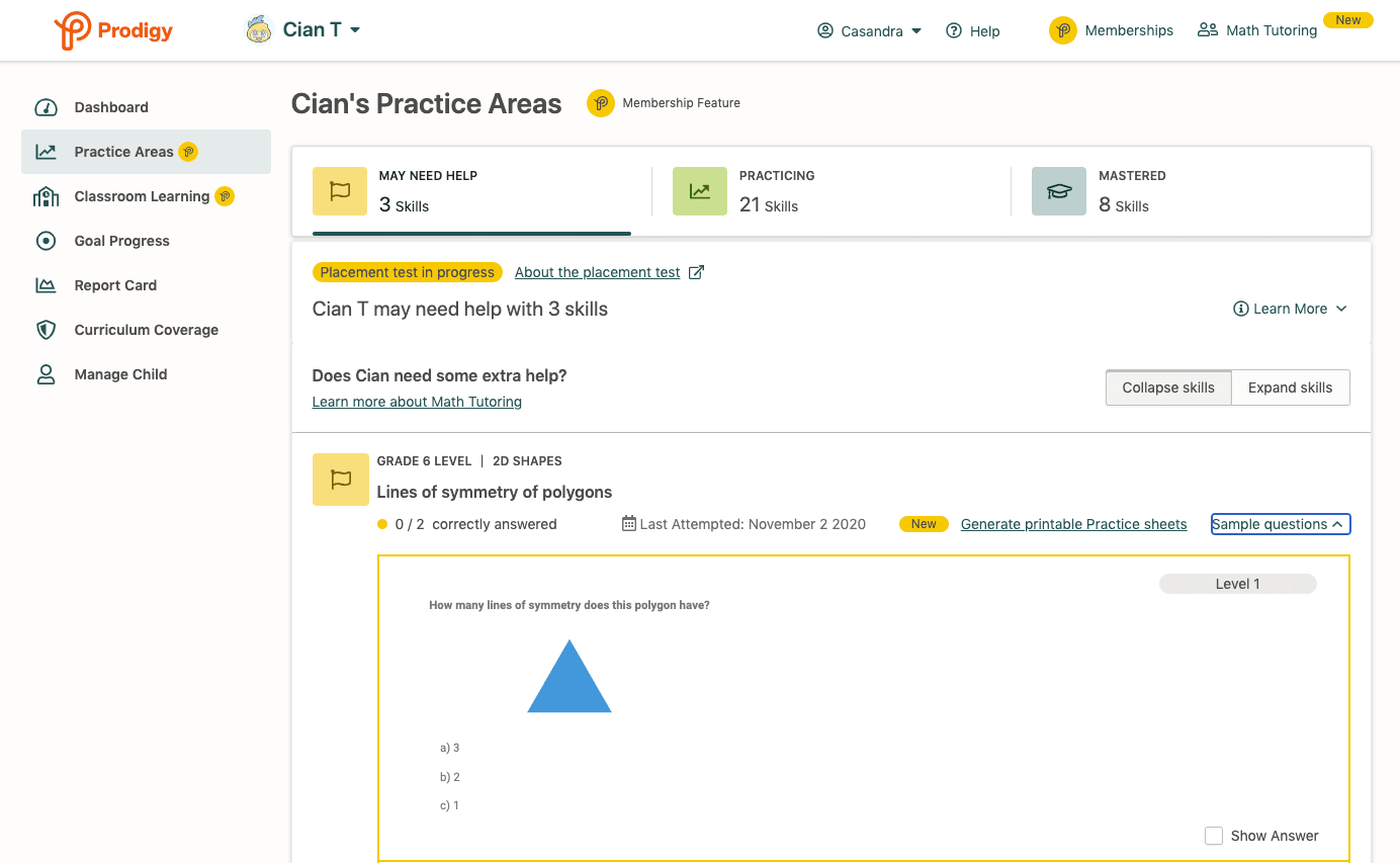Screenshot of Practice Areas feature in a Prodigy parent account