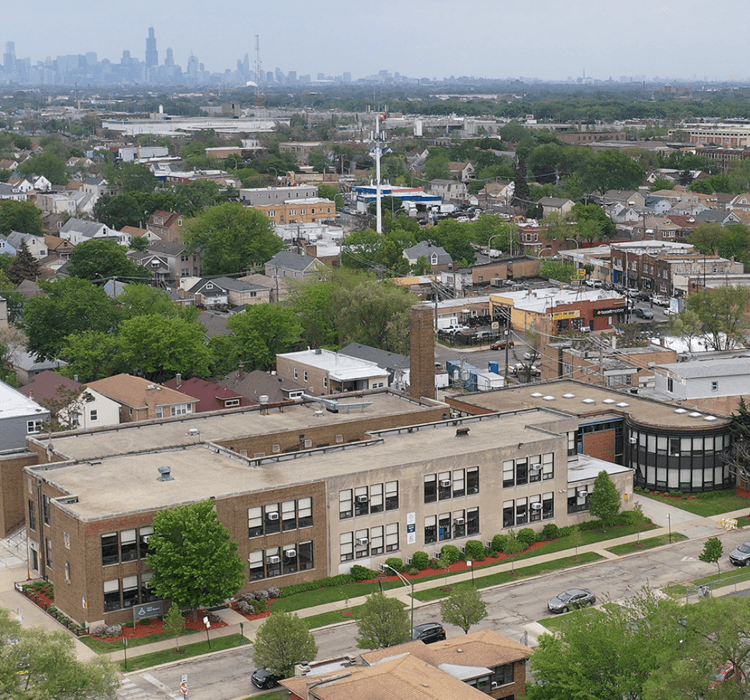 An aerial shot of the outside of West Belden Elementary School in Chicago, Illinois.