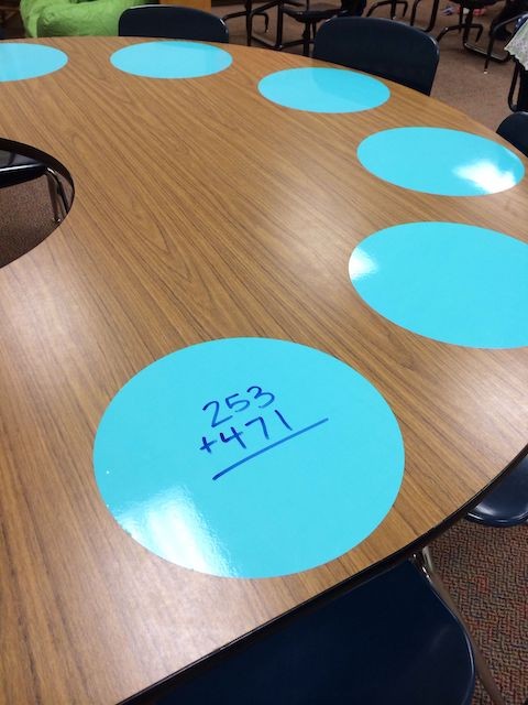 Desk with laminated placemats for math work.