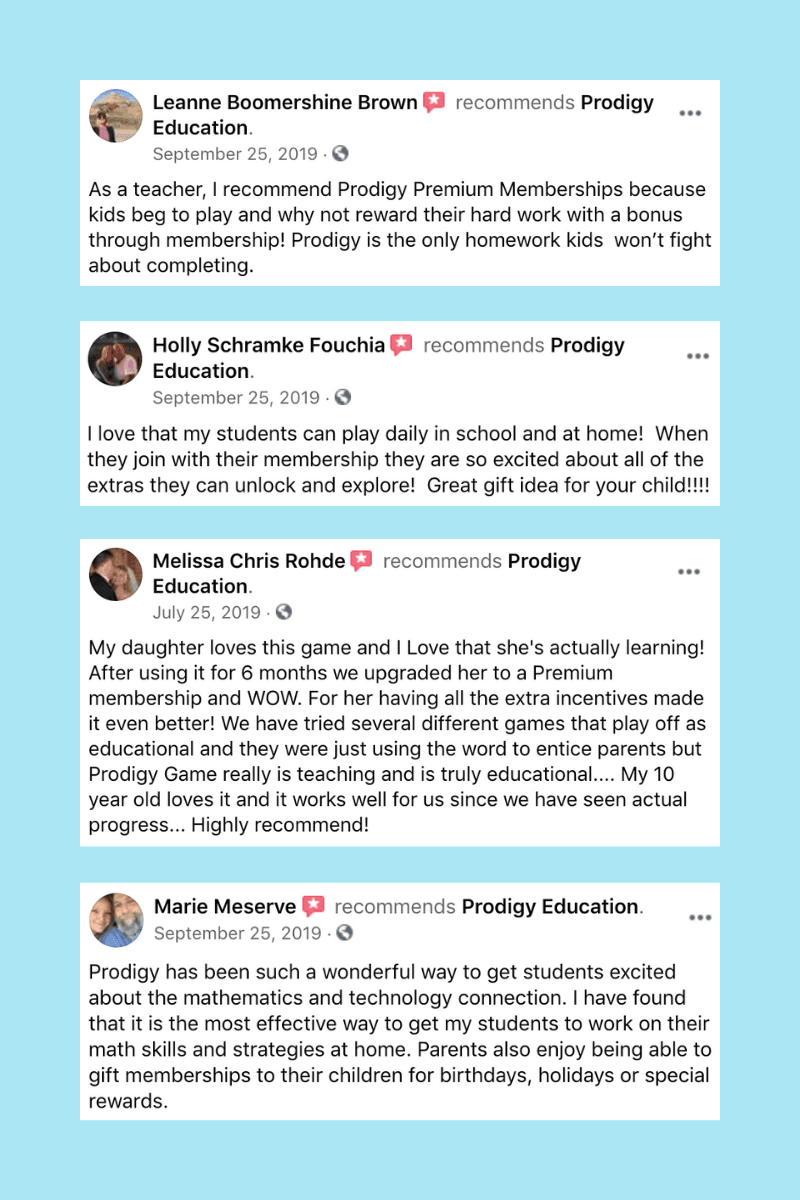 Four Facebook testimonials from people who use Prodigy and recommend its Premium Membership.