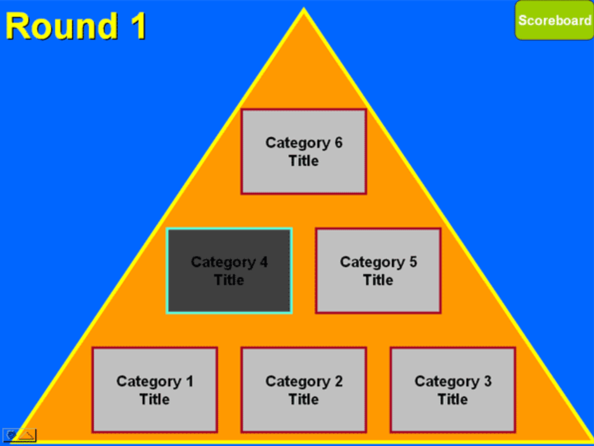 Example template of the vocabulary game called Pyramid. It's in the shape of a triangle with one category box at the top, two category boxes in the middle and three category boxes at the bottom.