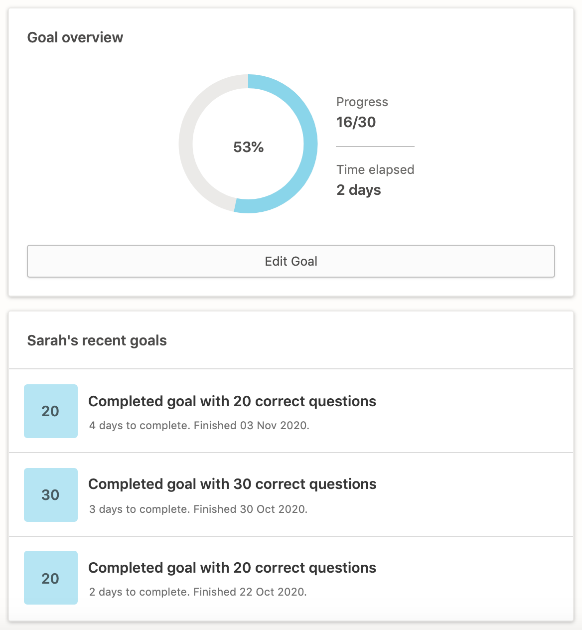 A screenshot of the Prodigy parent widget that allows them to see how their child is progressing with their math goal.