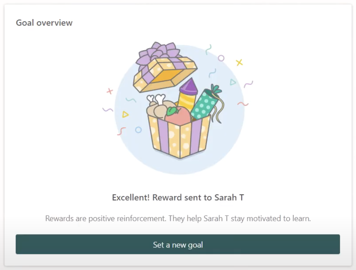 A screenshot of the Prodigy parent account goal overview after the parent has sent a reward to their child.