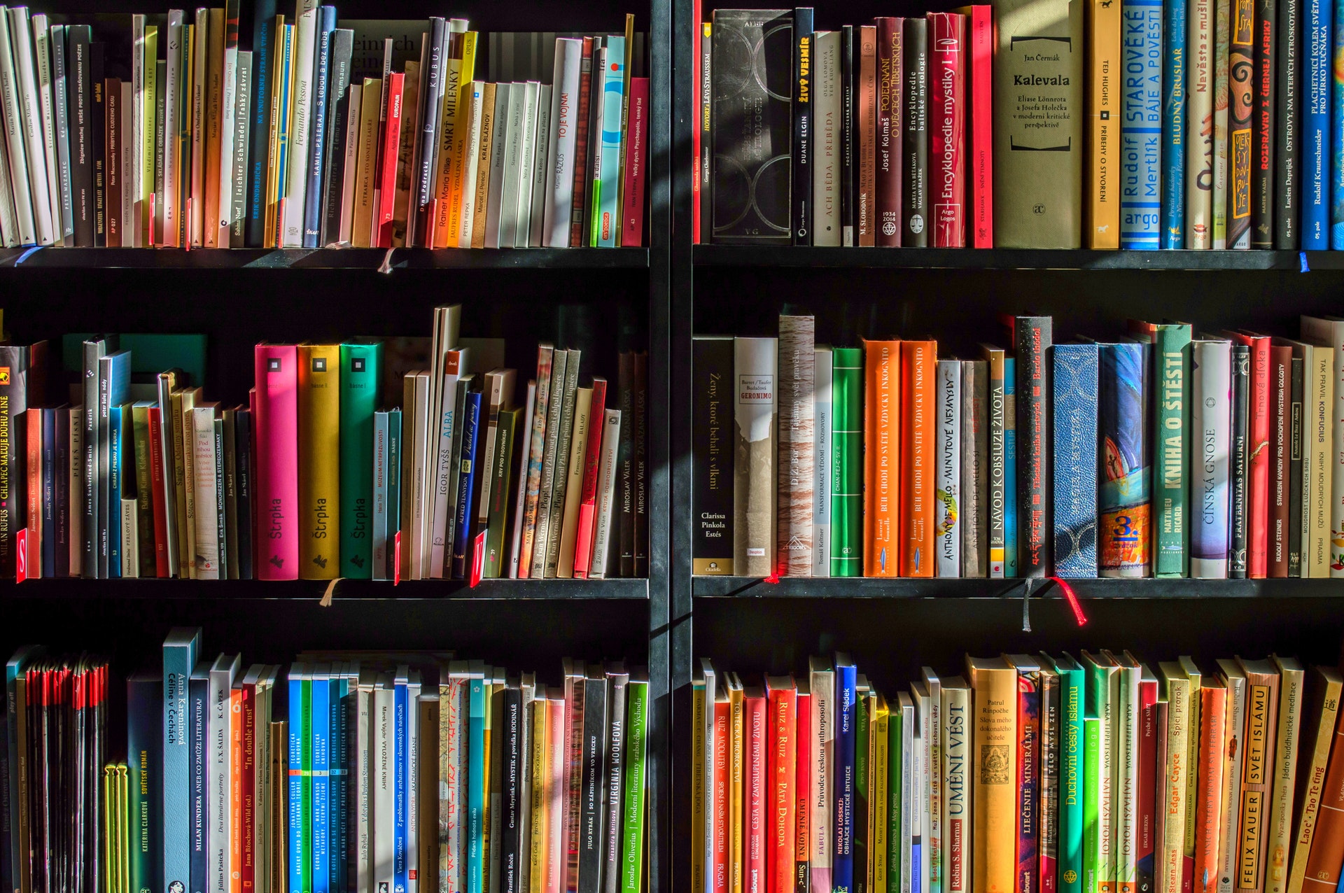 Library bookshelf filled with colorful books