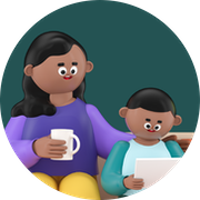 A parent and child are looking at a tablet with Prodigy Math Game