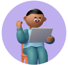 Animated student sitting and cheering while they play on a tablet