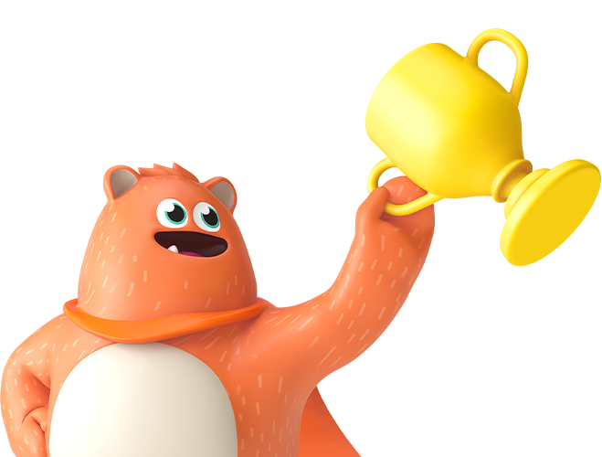 Prodigy mascot Ed holds a trophy for the Create a Challenge contest