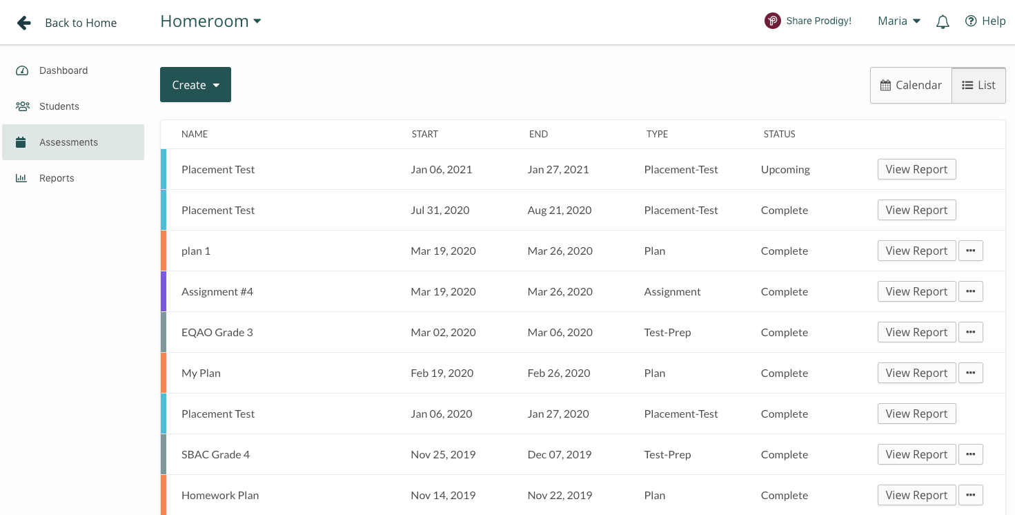 Image of assessment report in a Prodigy teacher account.