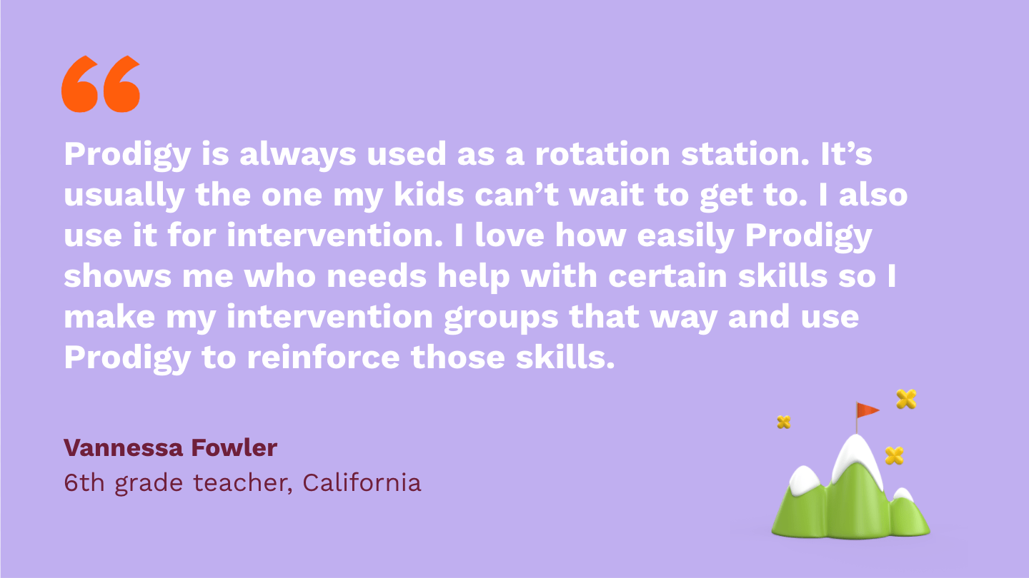 Prodigy is always used as a rotation station. It’s usually the one my kids can’t wait to get to. I also use it for intervention. I love how easily Prodigy shows me who needs help with certain skills so I make my intervention groups that way and use Prodigy to reinforce those skills. Vannessa Fowler, sixth Grade Teacher, California.
