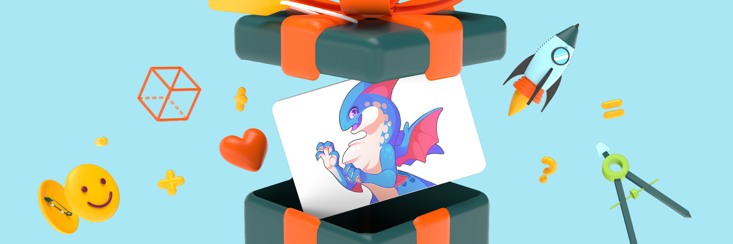 3D animated gift box with a gift card coming out of it. The gift card has a picture of Tidus, one of the Prodigy Epics, on it.